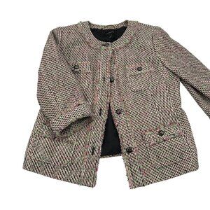 Talbots Tweed Jacket Womens Size 12 Multicolor Pink/Green/Black Cotton‎ Blend